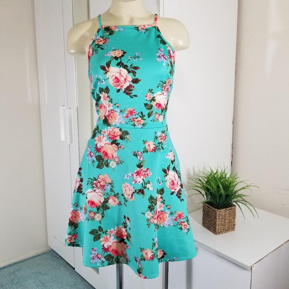 Turquoise Pink Floral Fit and Flare Skater Dress